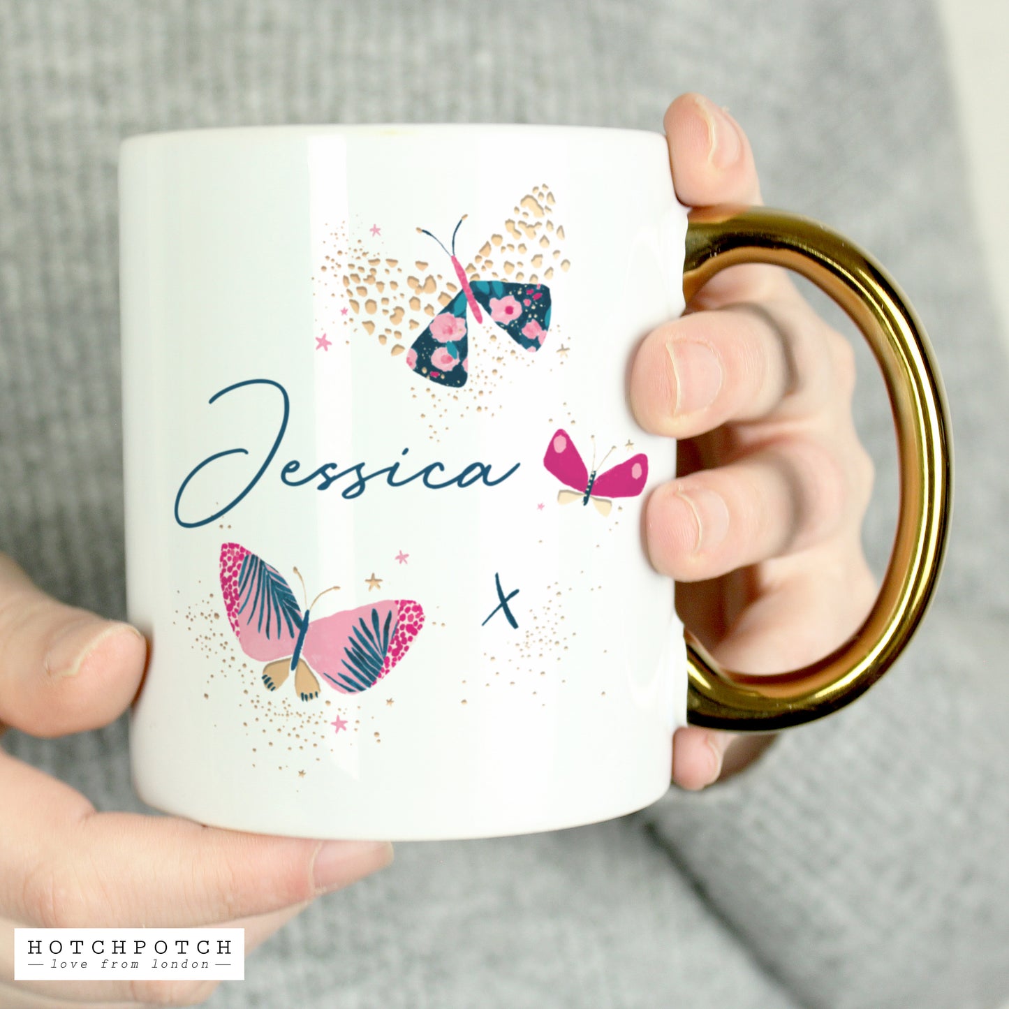 Personalised Butterfly Gold Handle Mug