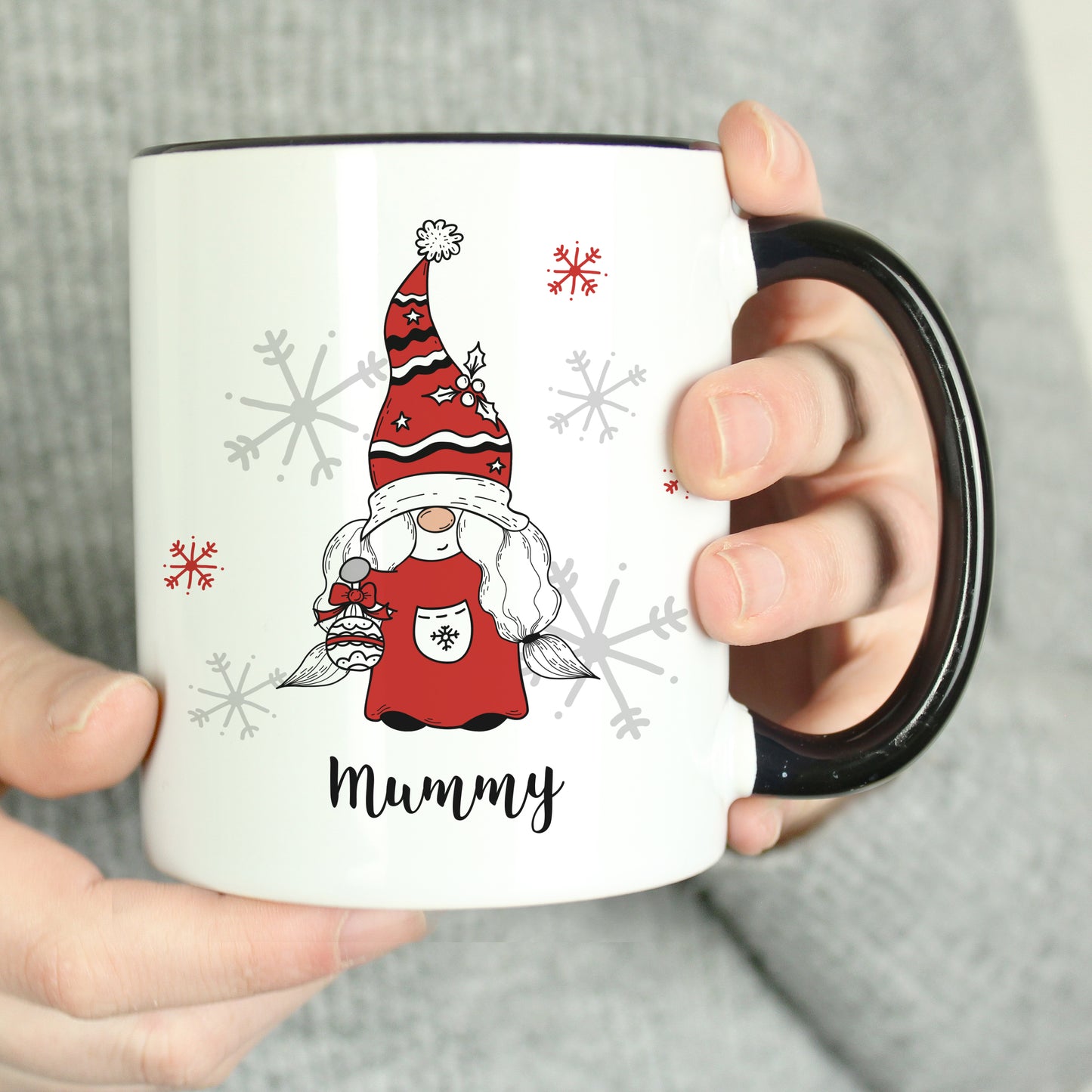 Personalised Gonk Family Black Handled Christmas Mug - Female