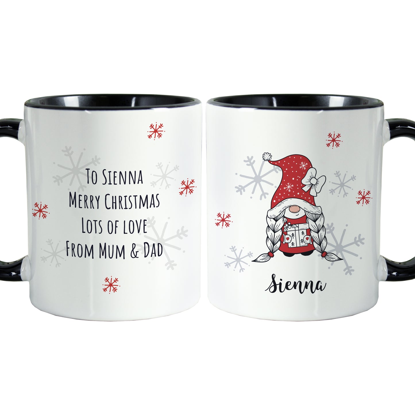 Personalised Gonk Family Black Handled Christmas Mug - Girl