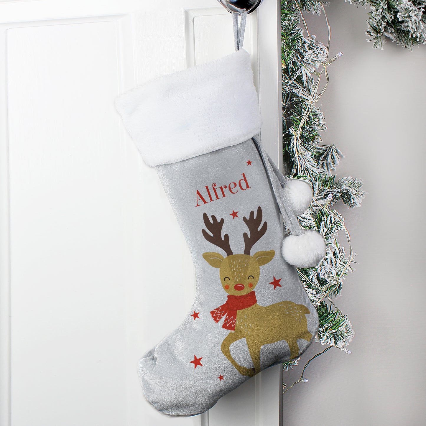 Personalised Reindeer Silver Grey Stocking