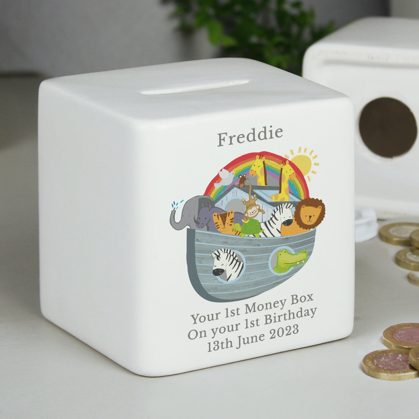 Personalised Noahs Ark Ceramic Square Money Box