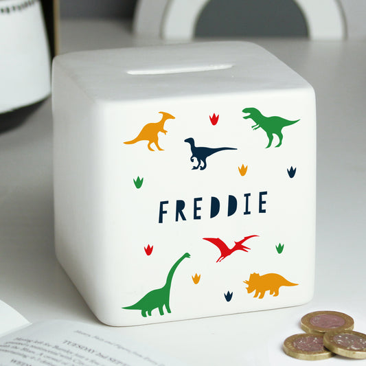 Personalised Dinosaur Ceramic Square Money Box