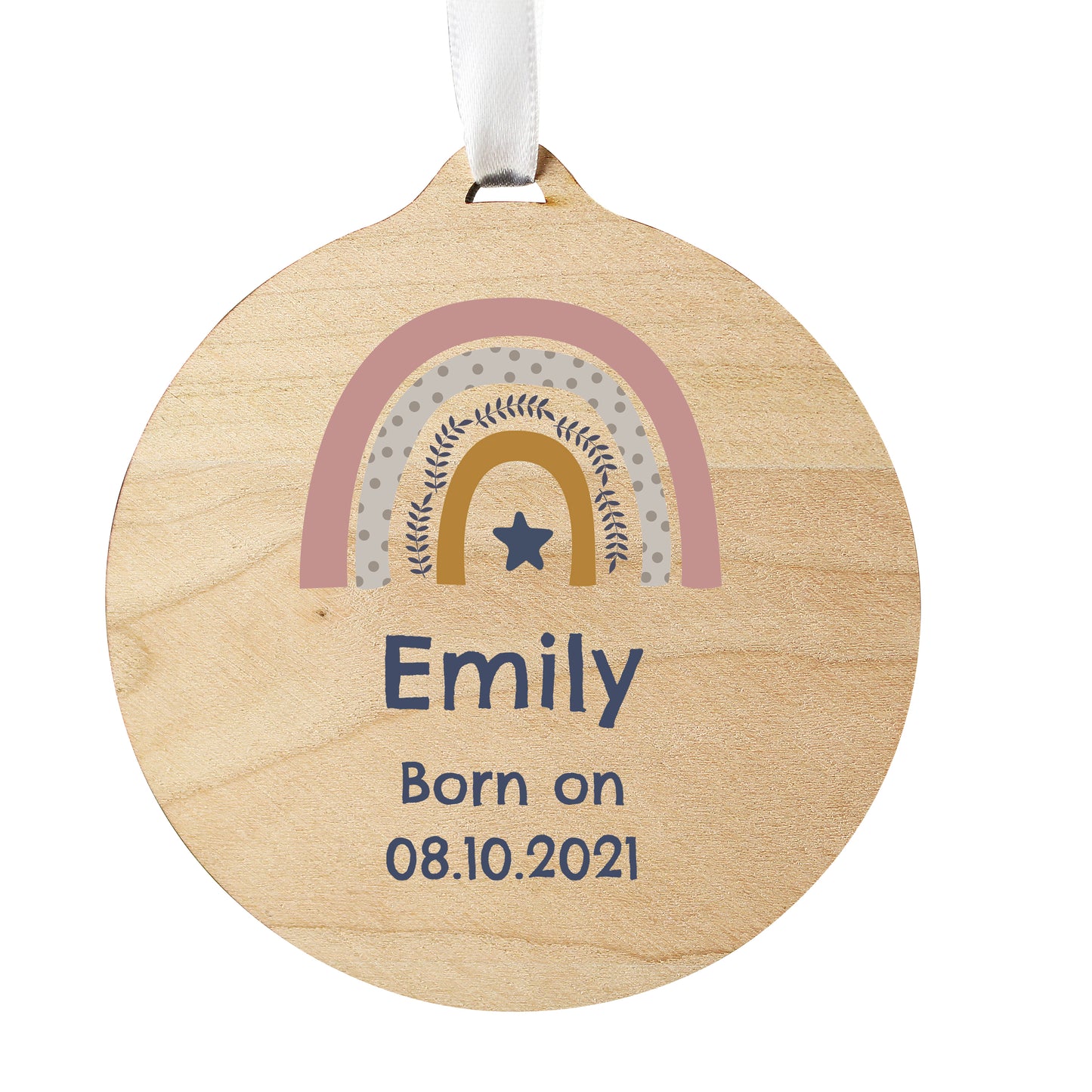 Personalised Pink Rainbow Round Wooden Decoration