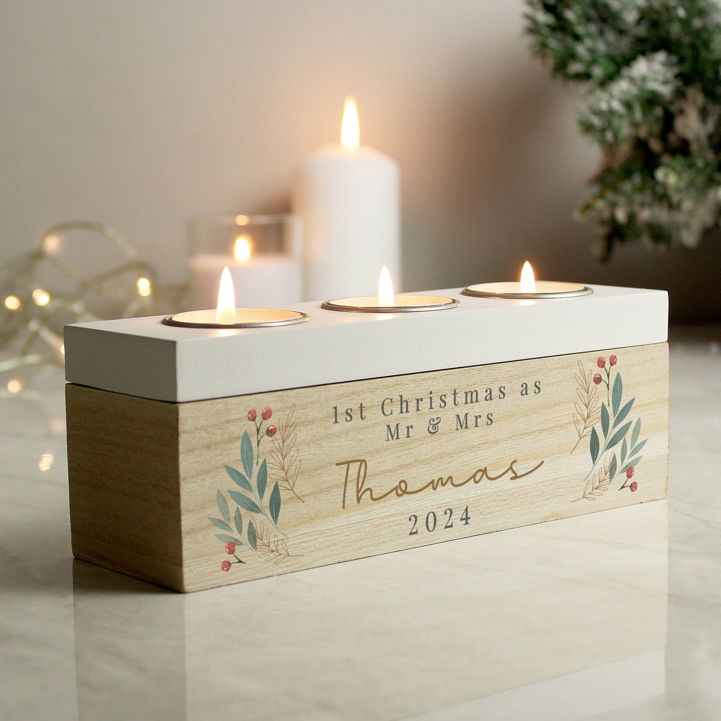 Personalised Christmas Foliage Triple Tea Light Box