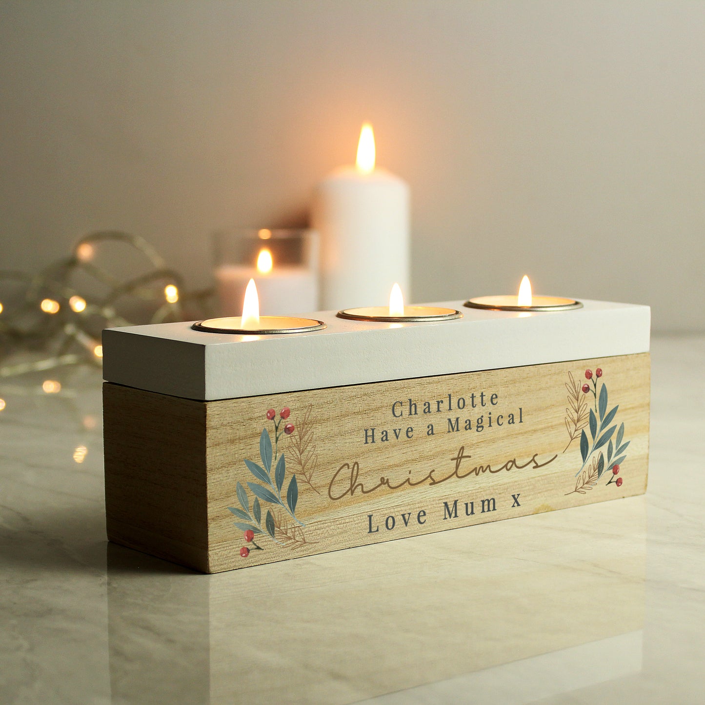 Personalised Christmas Foliage Triple Tea Light Box