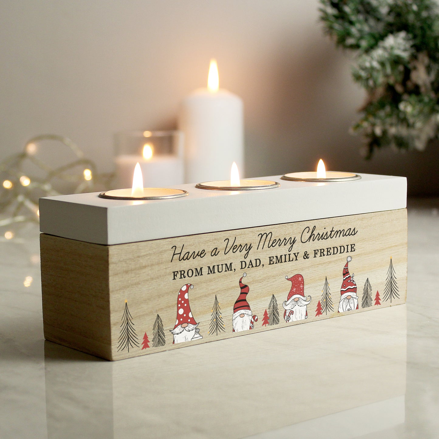 Personalised Christmas Gonk Family Triple Tea Light Box.