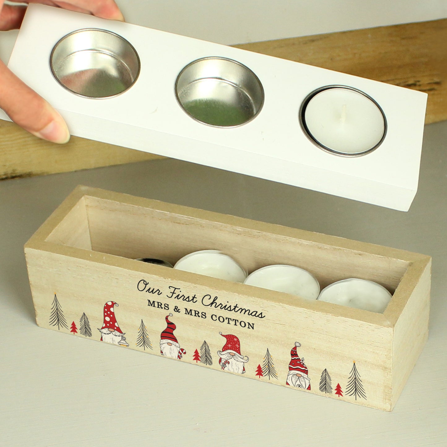 Personalised Christmas Gonk Family Triple Tea Light Box.