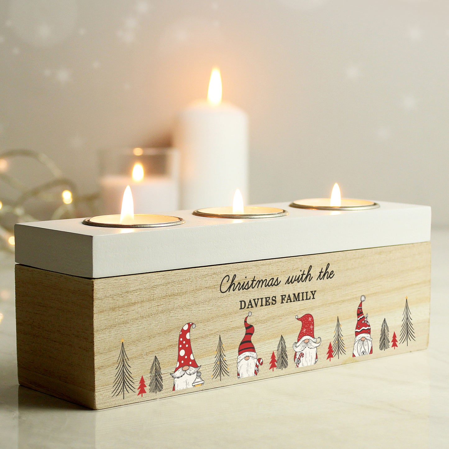 Personalised Christmas Gonk Family Triple Tea Light Box.