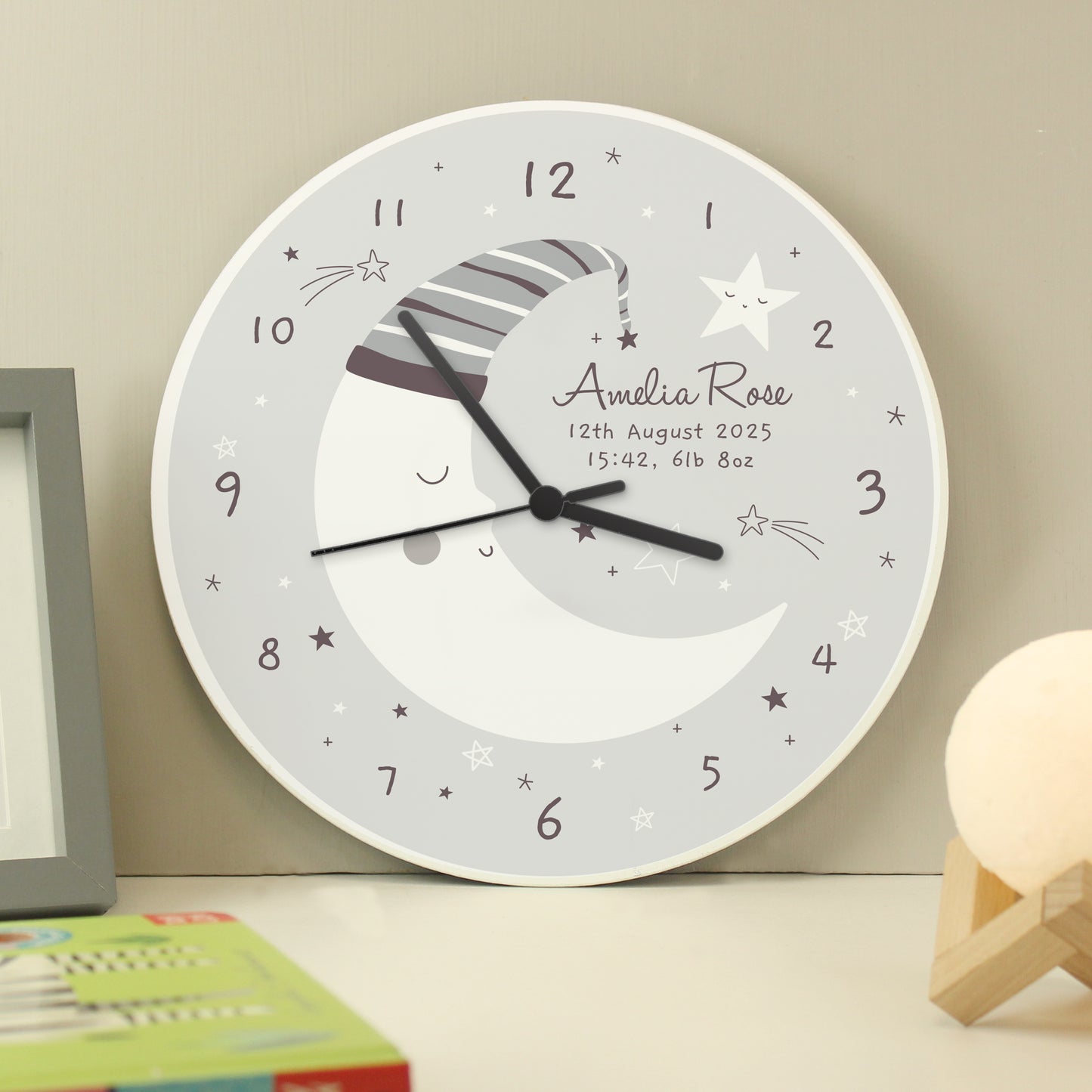 Personalised Moon Wooden Nursery Clock