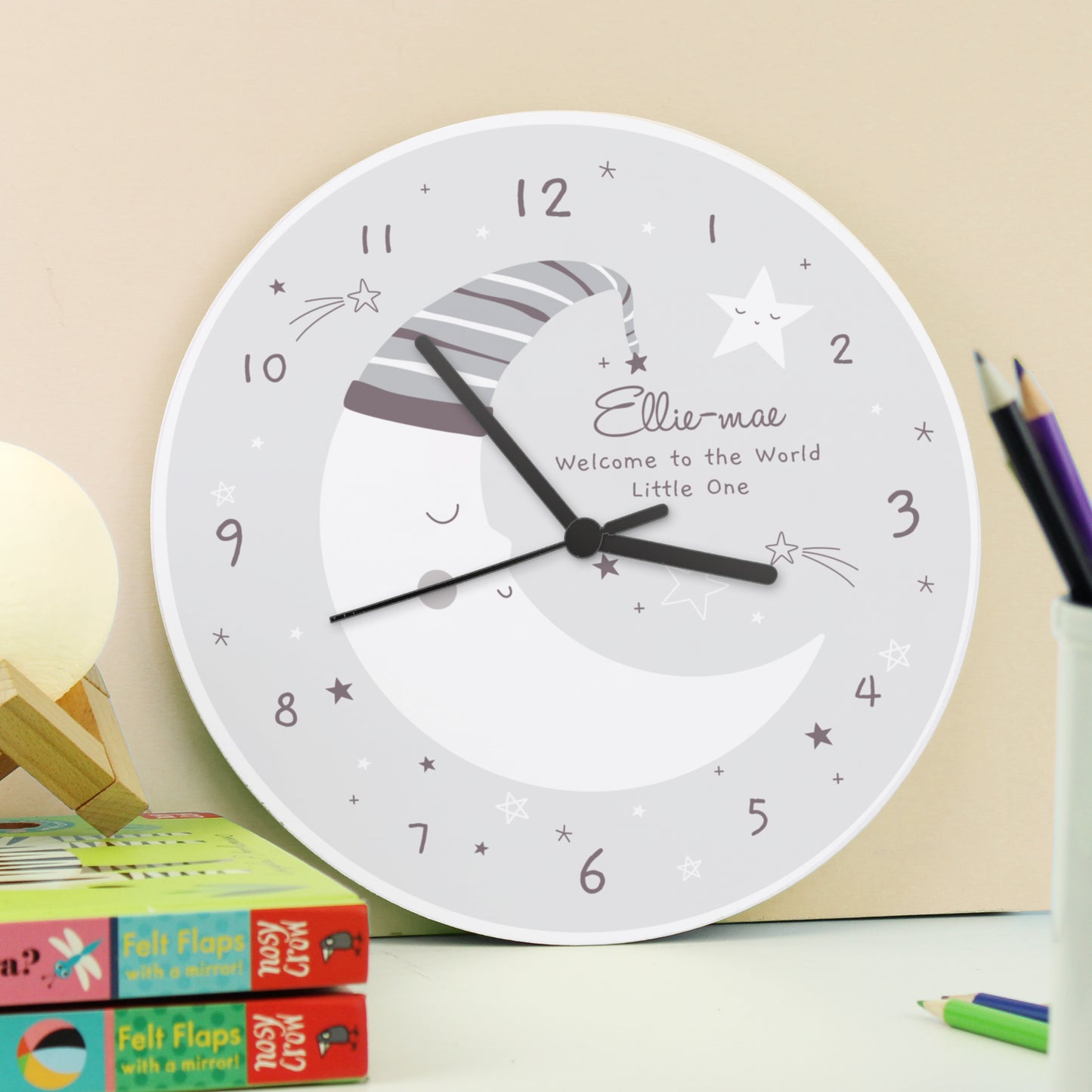 Personalised Moon Wooden Nursery Clock