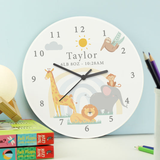 Personalised Safari Animals Wooden Nursery Clock