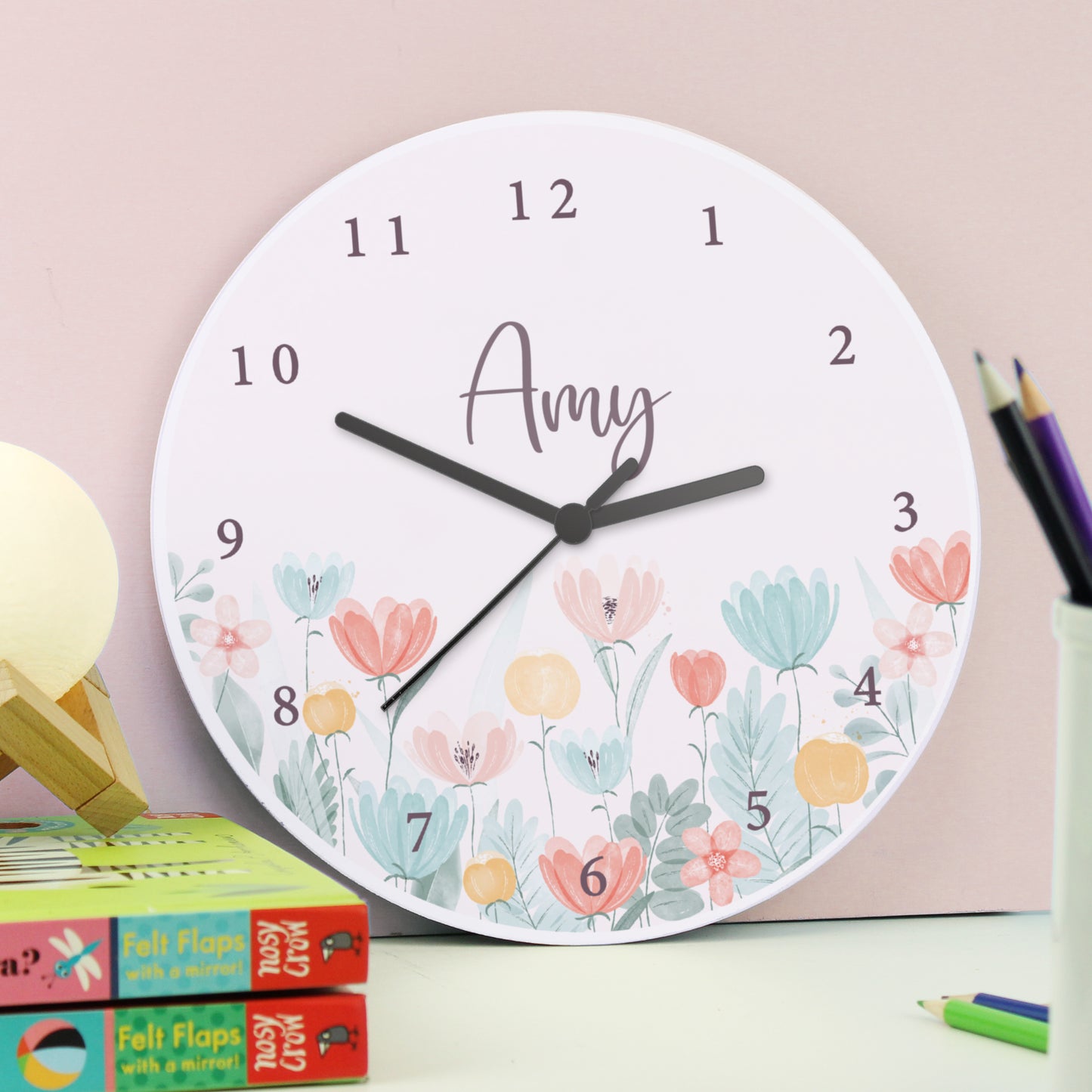 Personalised Floral Wooden Childrens Clock