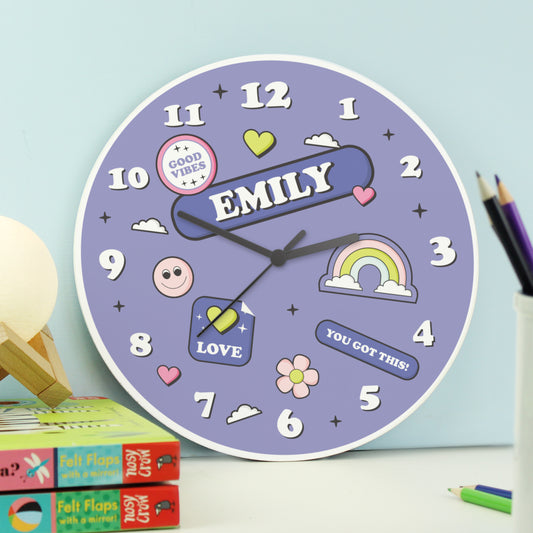 Personalised Positive Vibes Wooden Childrens Clock