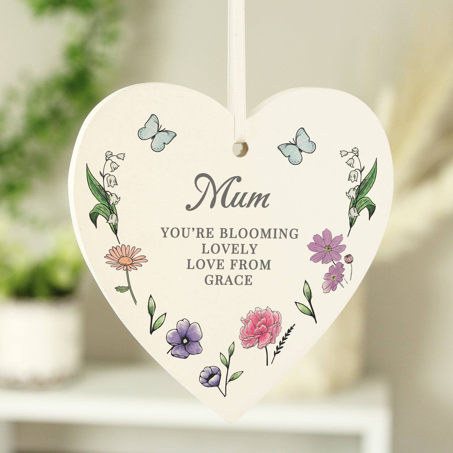 Personalised Wild Flowers Wooden Heart