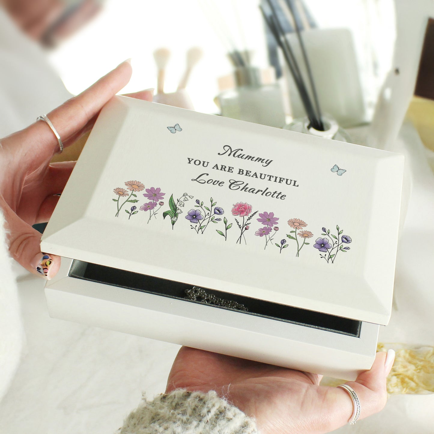 Personalised Wild Flowers Wooden Jewellery Box