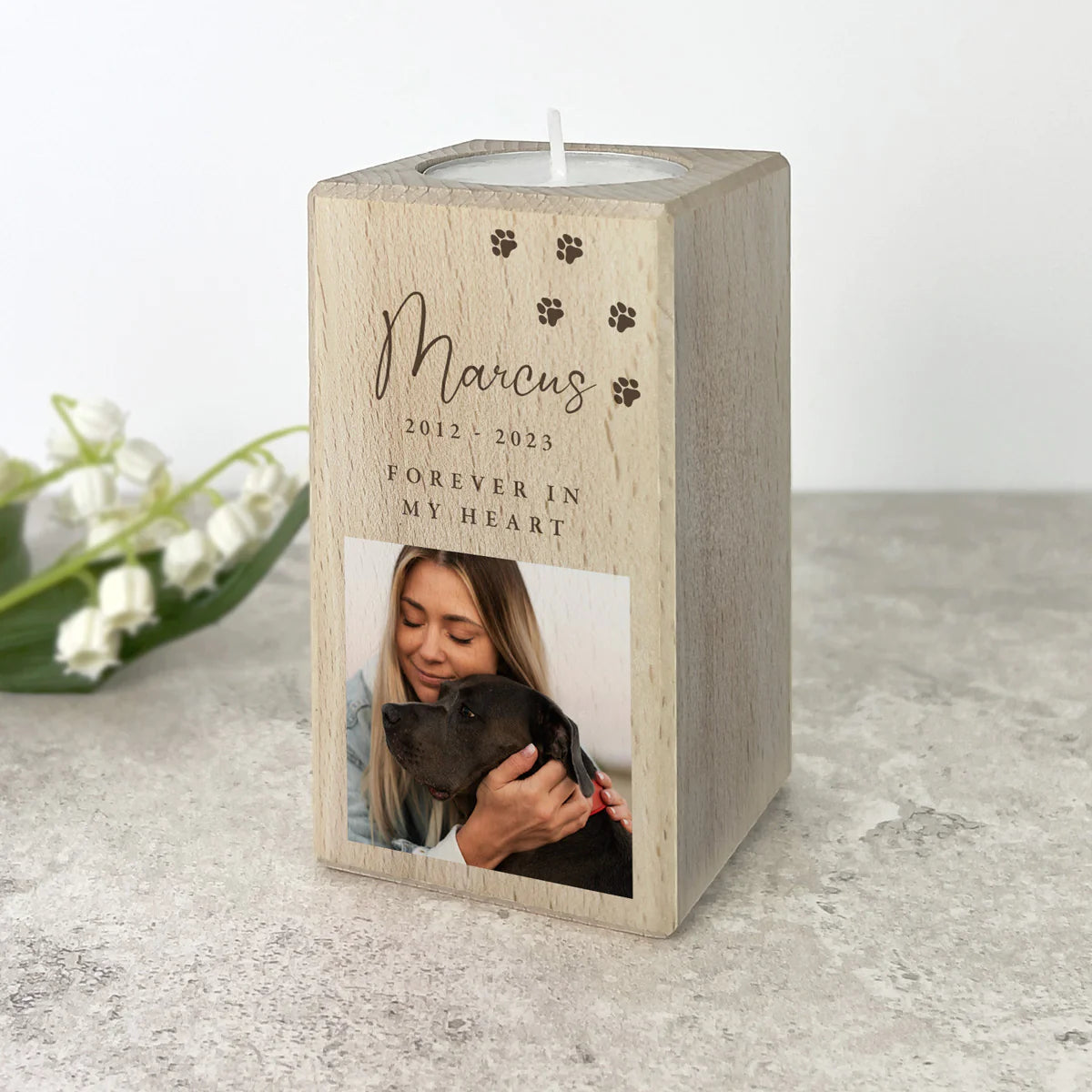 Personalised Wooden Photo upload Pet Memorial Tea Light Holder - 2 Sizes