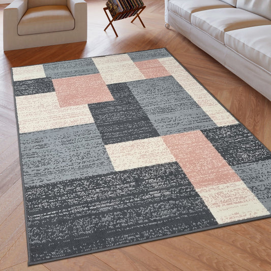 Modern Rug Geometric Pink Grey Patterned Soft Carpet Rug