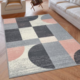Geometric Rug Grey Pink Circles Modern Soft Carpet Rug