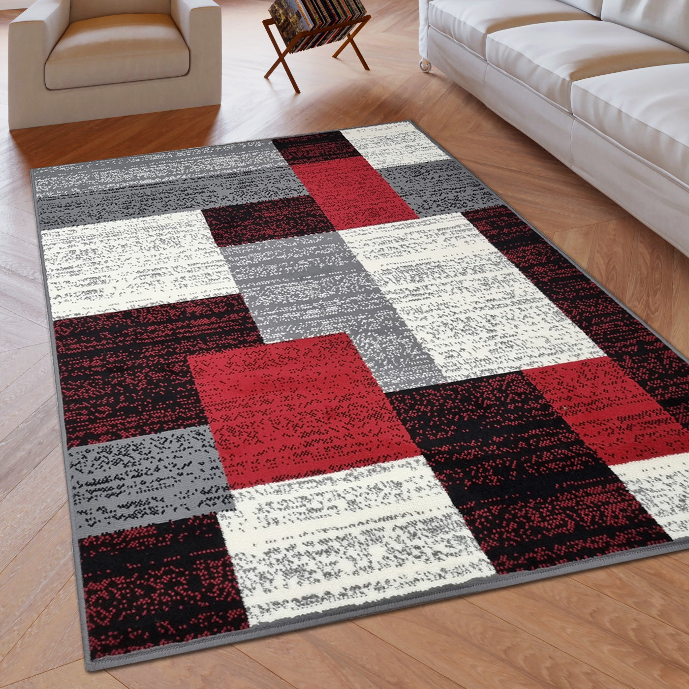 Modern Rug Geometric Red Grey Black Patterned Soft Carpet Rug