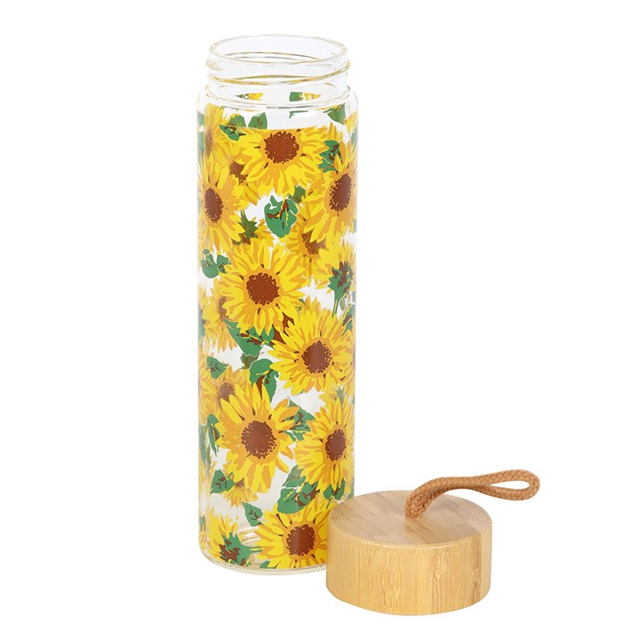 Sunflower Print Glass Water Bottle