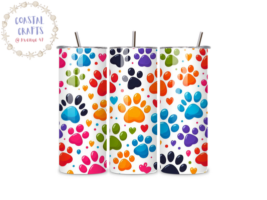 Scatter Colourful Paw Print - 20oz Stainless Steel Skinny Tumbler