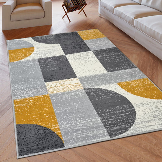 Geometric Rug Cream Grey Mustard Circles Modern Soft Carpet Rug