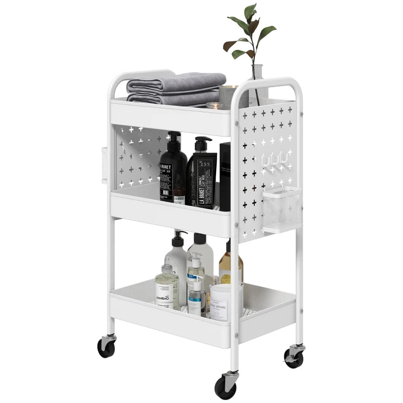 Rolling Utility Cart with 3 Mesh Basket, 2 Boxes & 6 Hooks