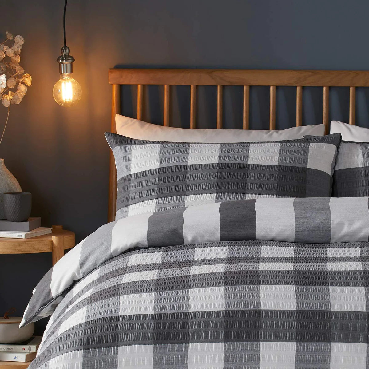 Duvet Cover Set Seersucker Gingham Check Snug in Navy OR Grey