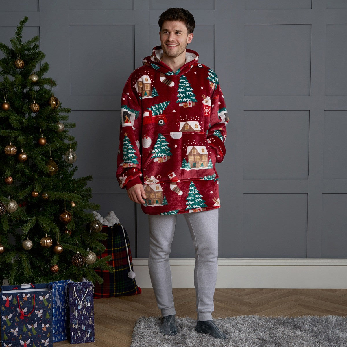 Adults Home For Christmas Print Hoodie Blanket - Burgundy