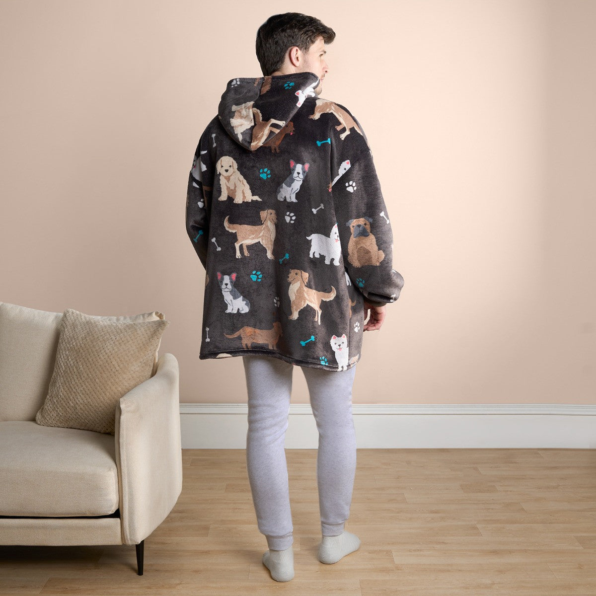 Adults Dog Print Hoodie Blanket - Charcoal