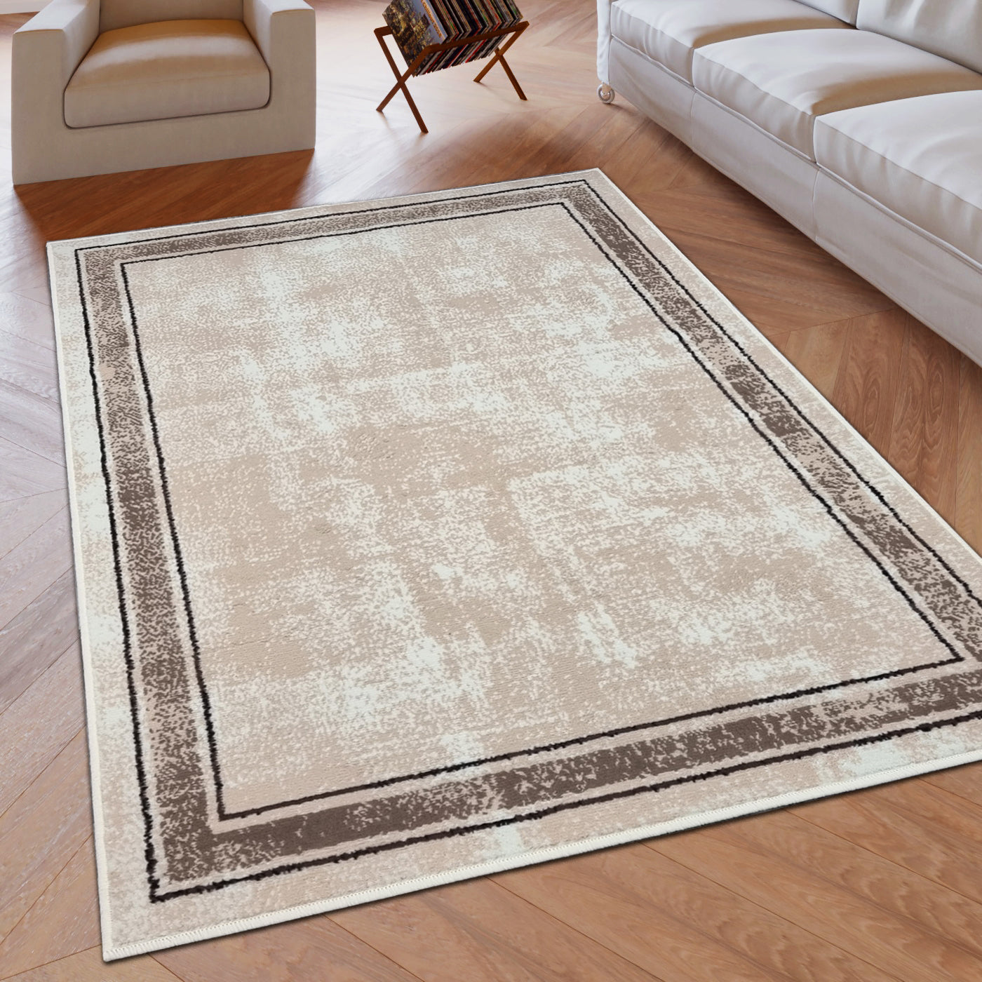 Cream Geometric Rug Bordered Pattern Soft Carpet Rug