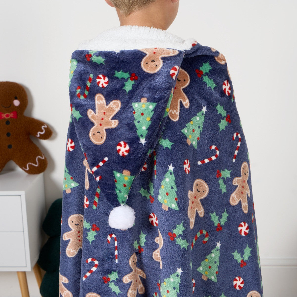 Gingerbread Man Hooded Santa Blanket - Navy