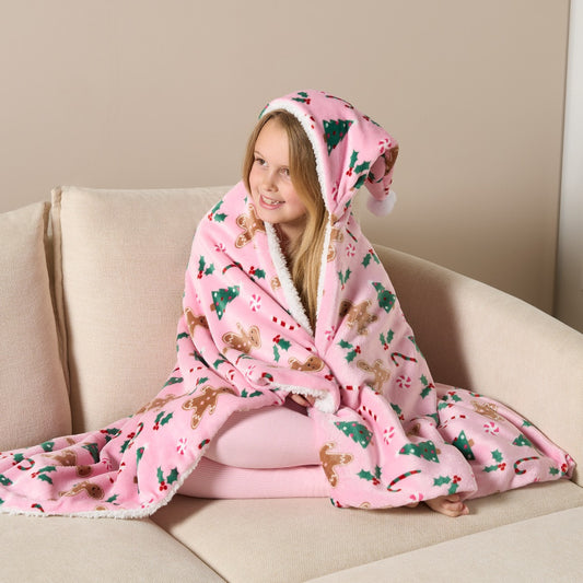 Gingerbread Man Hooded Santa Blanket - Pink