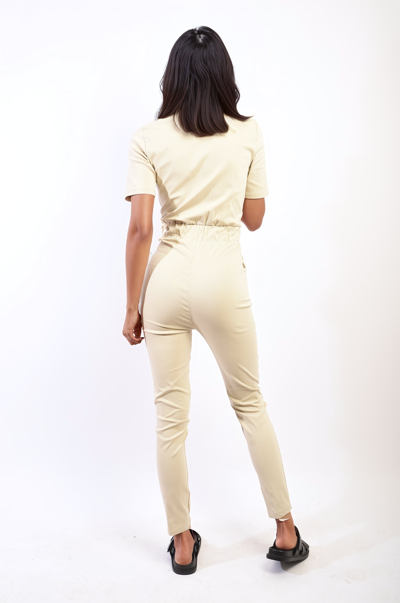 Collared V-Neckline Zip Up with Tie Belt Jumpsuit