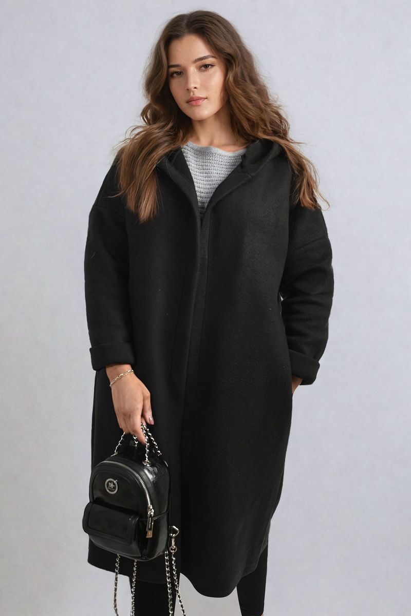 Open Front Folded Sleeve Long Coat Jacket