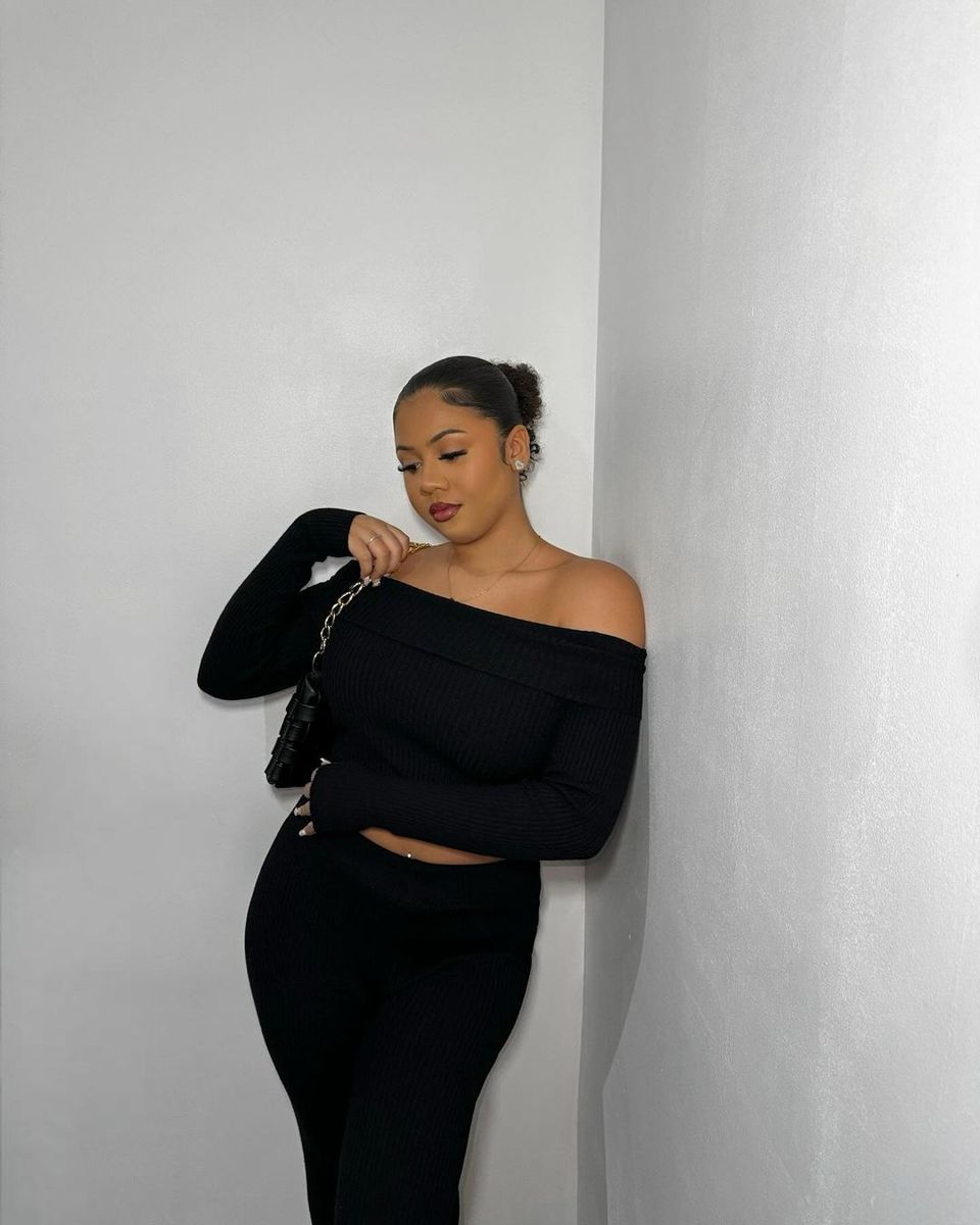 Knitted Long Sleeves Cropped Off Shoulder Top and Trousers Co-ord Set