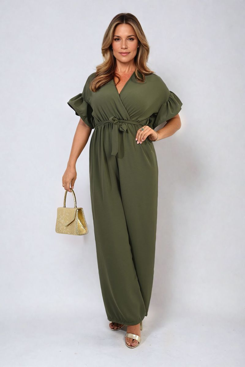 Wrap Over Tie Belt Frill Sleeve Jumpsuit