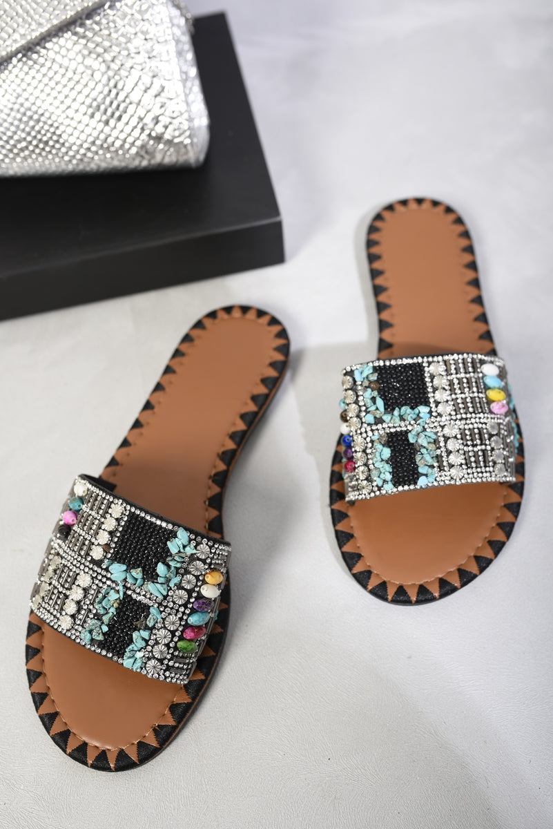 Open Toe Jewelled Flat Sandals