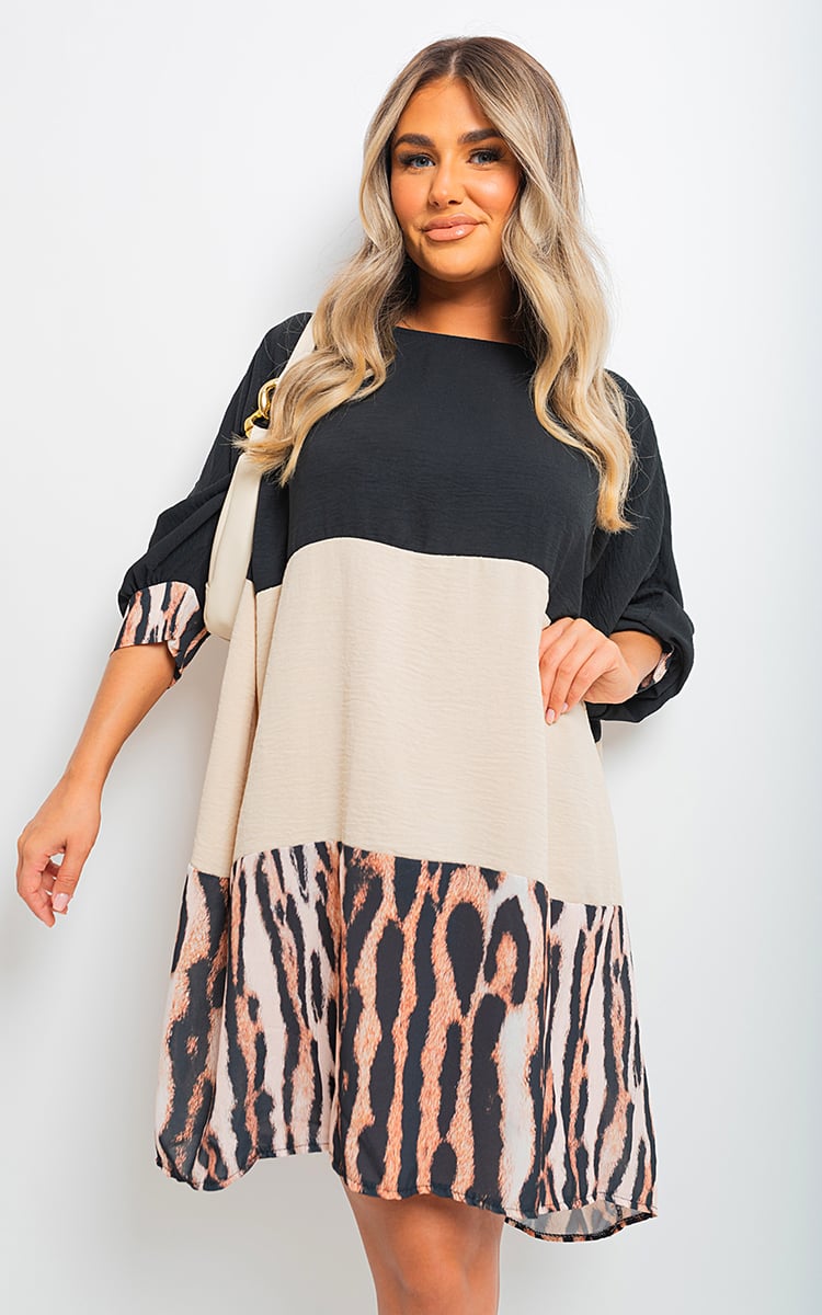 Long Sleeve Leopard Trim Print Oversized Mini Dress