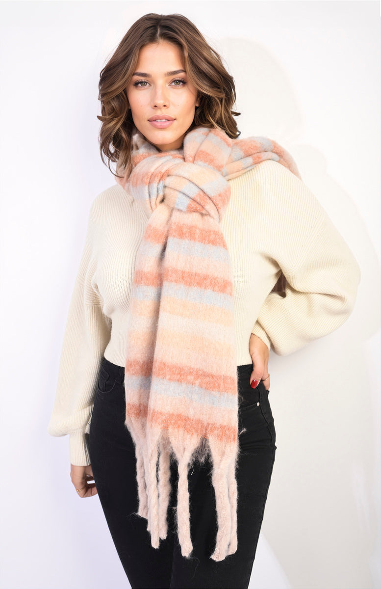 Striped Soft Comfortable Oversized Chunky Scarf with Tassel