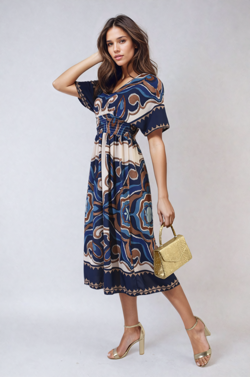 Ruched Printed V-Neck Short Sleeve Midi Dress