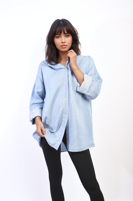 Collared Button Down Long Sleeve Loose Top with Front Pocket