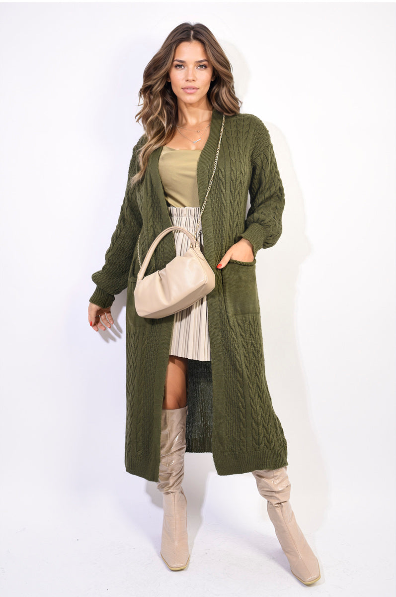 Front Open Long Knitted Cardigan with Front Pockets