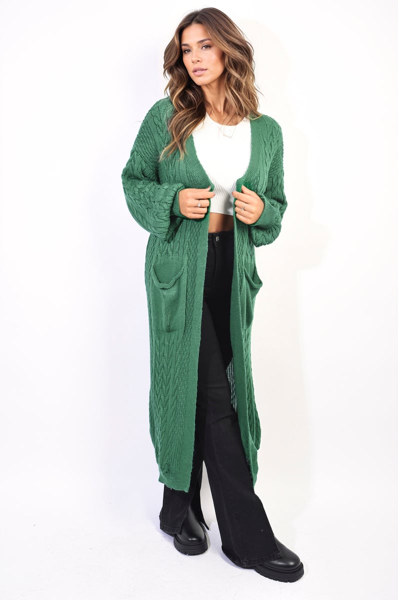 Front Open Long Knitted Cardigan with Front Pockets