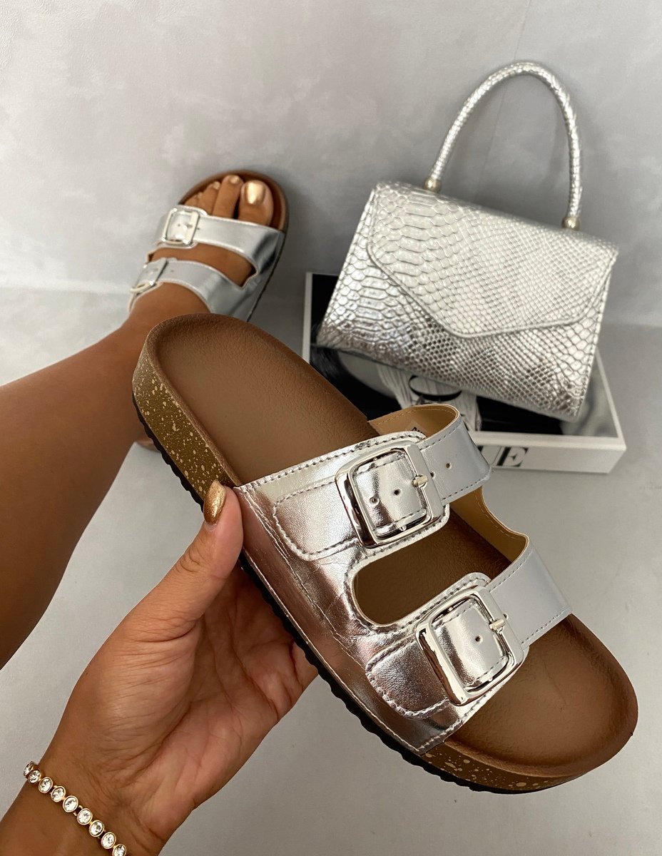 Metallic Buckle Slide Sandals