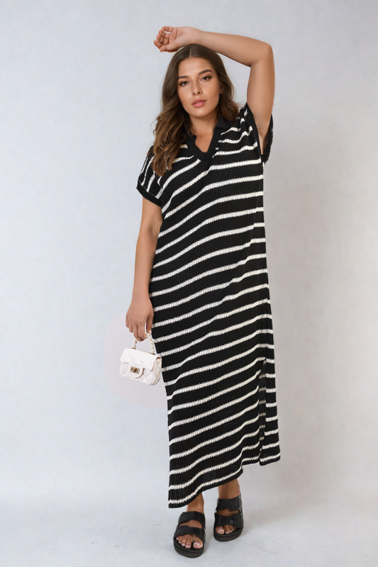 Stripe Knitted V Neck Midi Dress