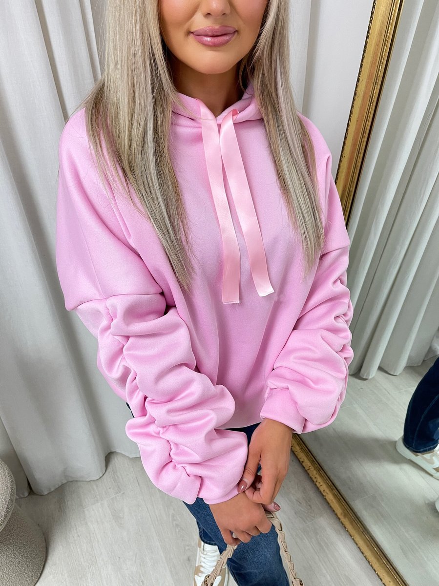 Oversized Ruched Sleeves Knitted Hoodie with Ribbon Detail