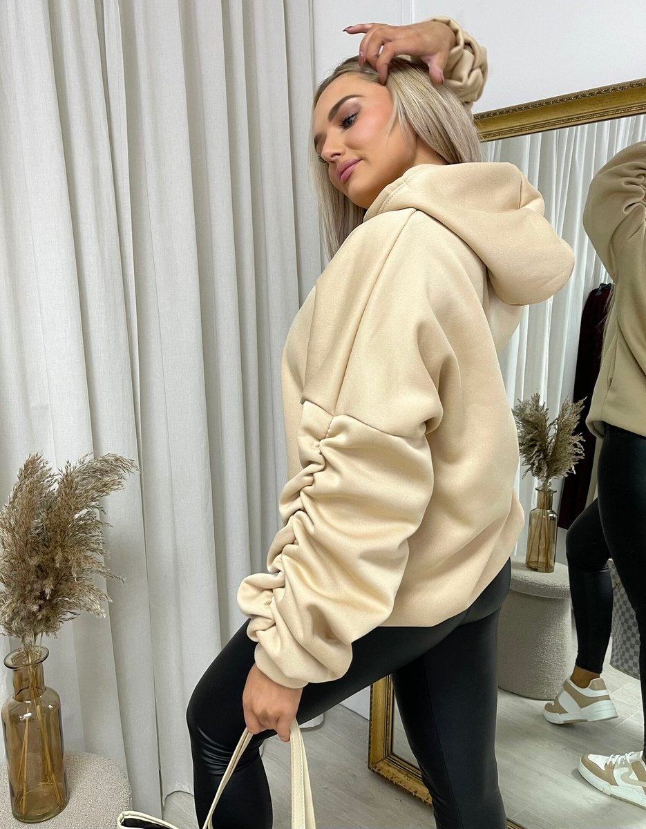 Oversized Ruched Sleeves Knitted Hoodie with Ribbon Detail