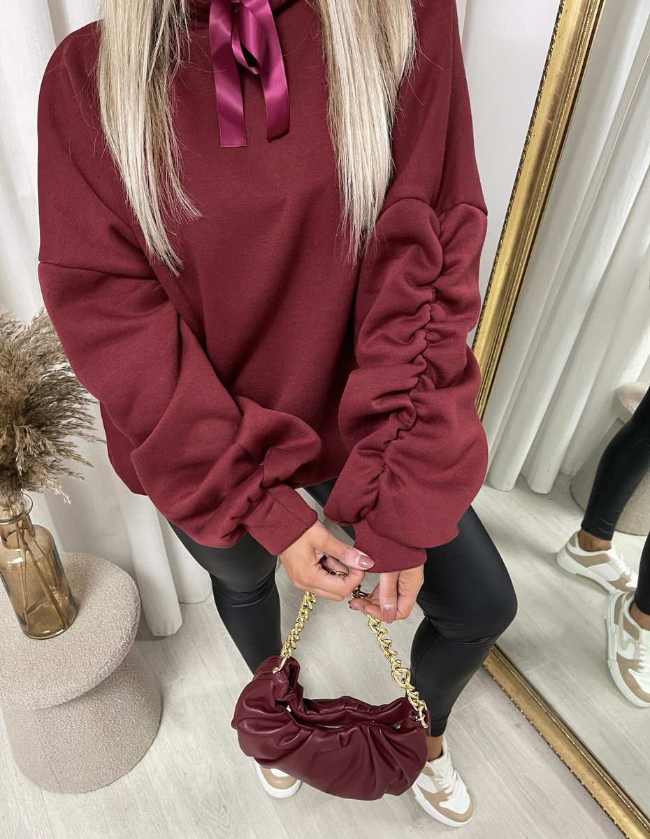 Oversized Ruched Sleeves Knitted Hoodie with Ribbon Detail