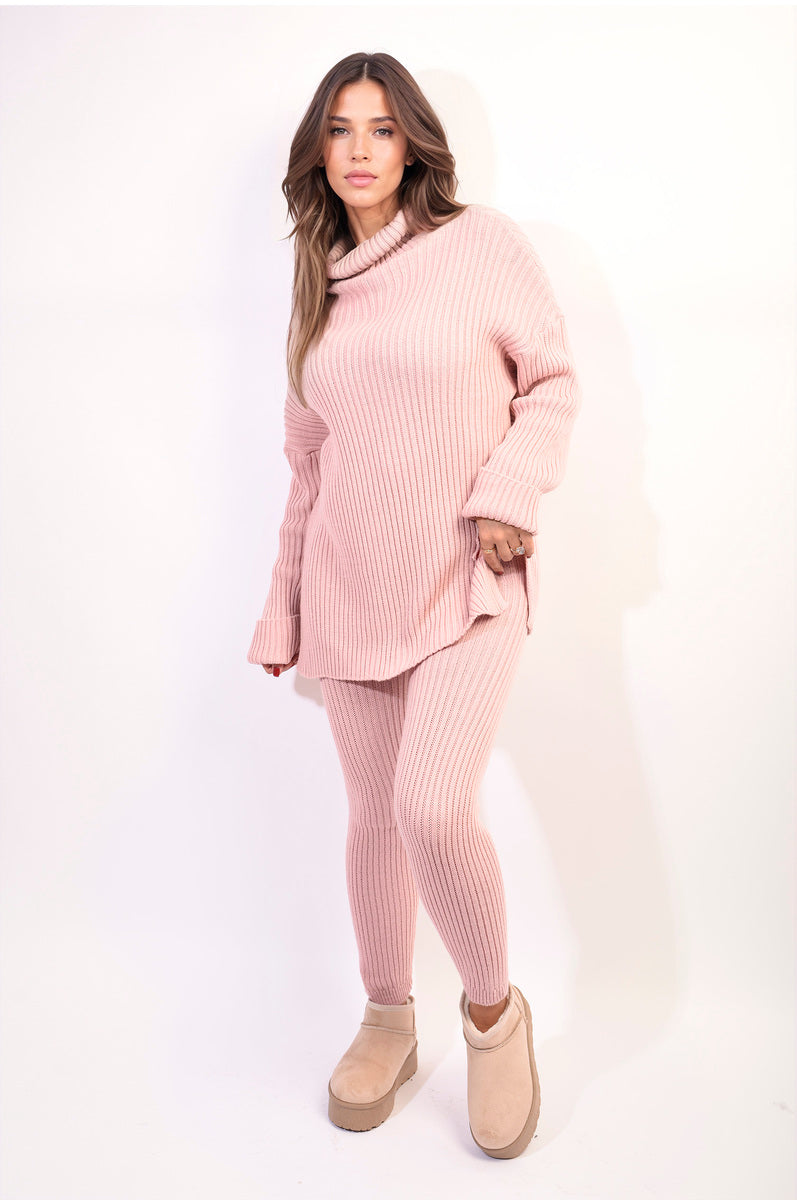 Chunky Knitted High Roll Neck Top Bottom Co-ord Set